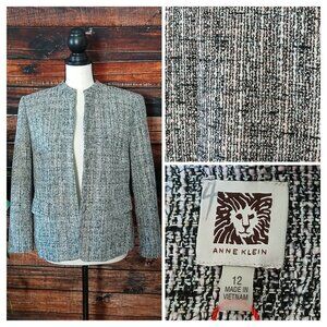 NWT Anne Klein 12 Blazer Jacket Open Front Cropped Sleeves Ballet Tweed Weave